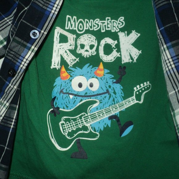 Toughskins Boys Size 3T Monsters Rock Layered Look Long Sleeved Shirt Plaid - Picture 2 of 6